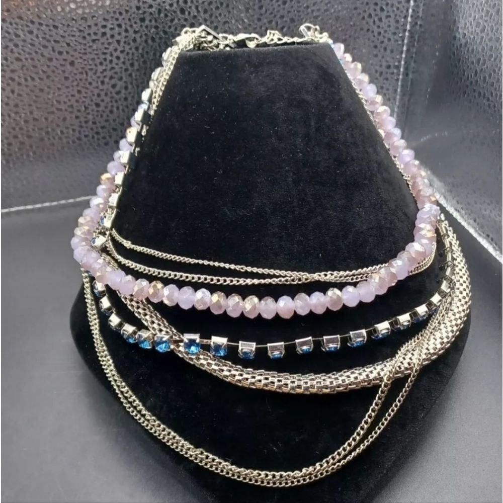JTV Marked Signed Multi Strand Purple Silvertone Statement Necklace NWOT
